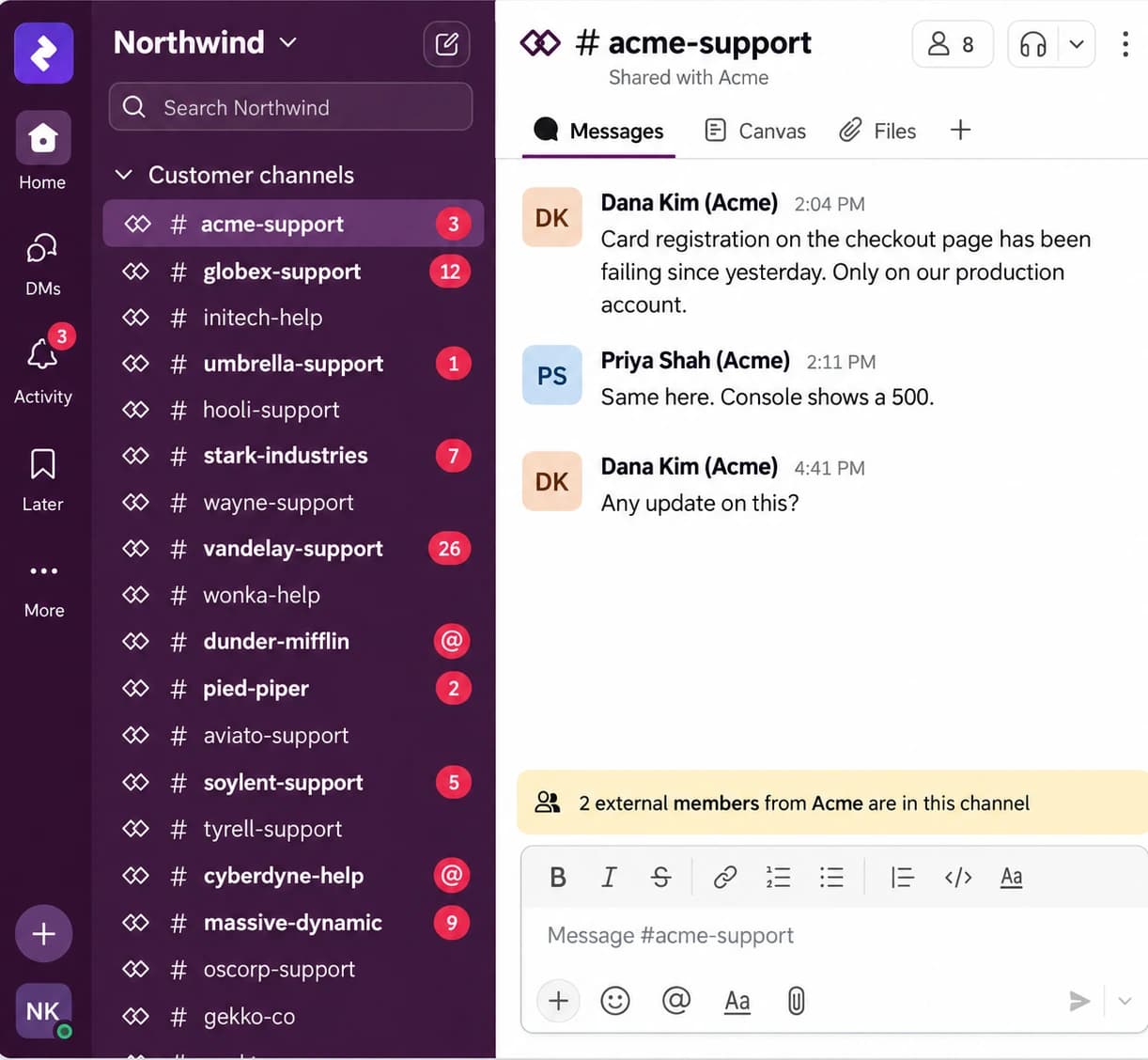 Slack sidebar overflowing with shared customer channels, and a customer question with no reply